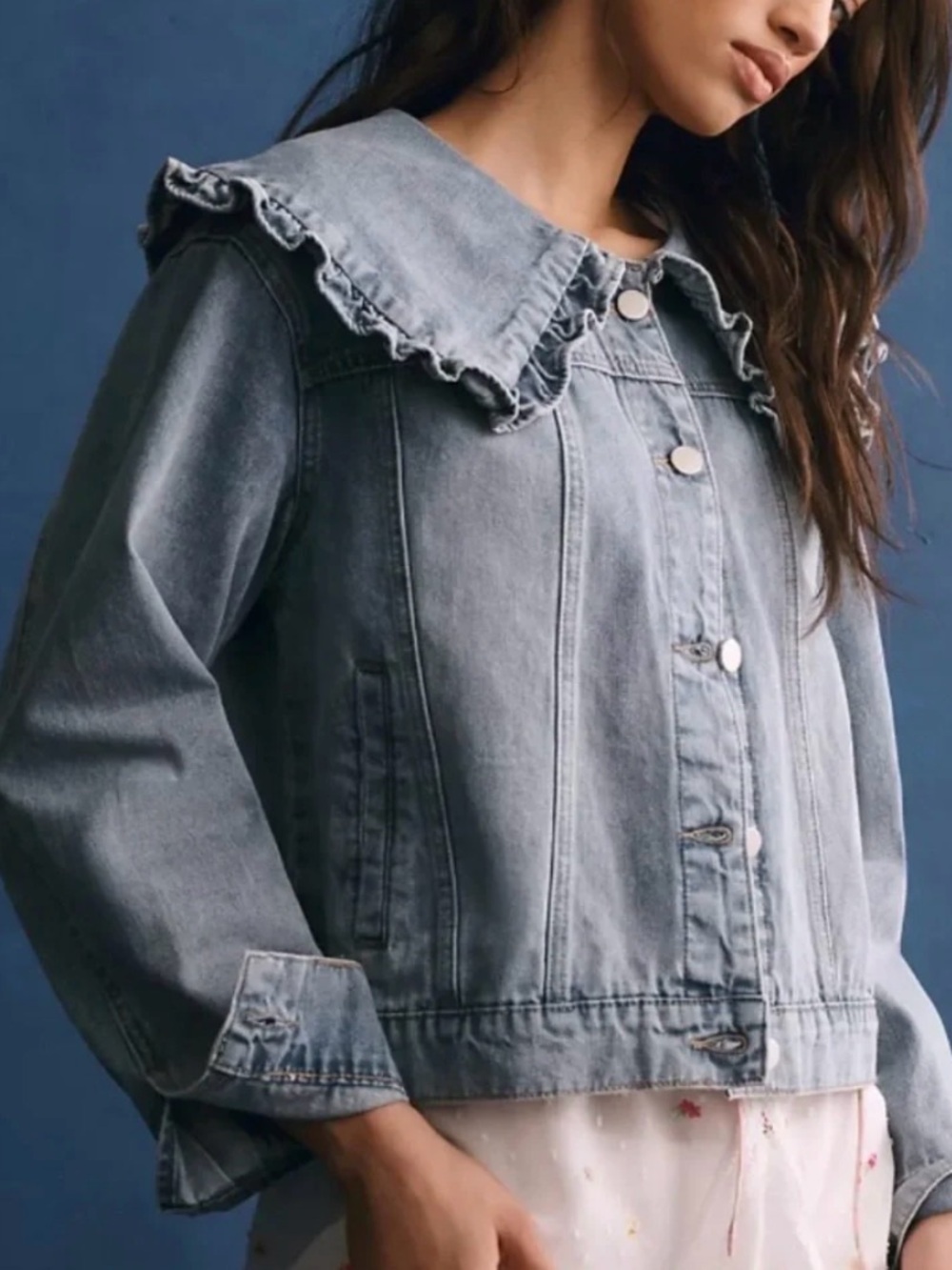 Anthropologie Light Blue Denim Jacket with Ruffle Collar